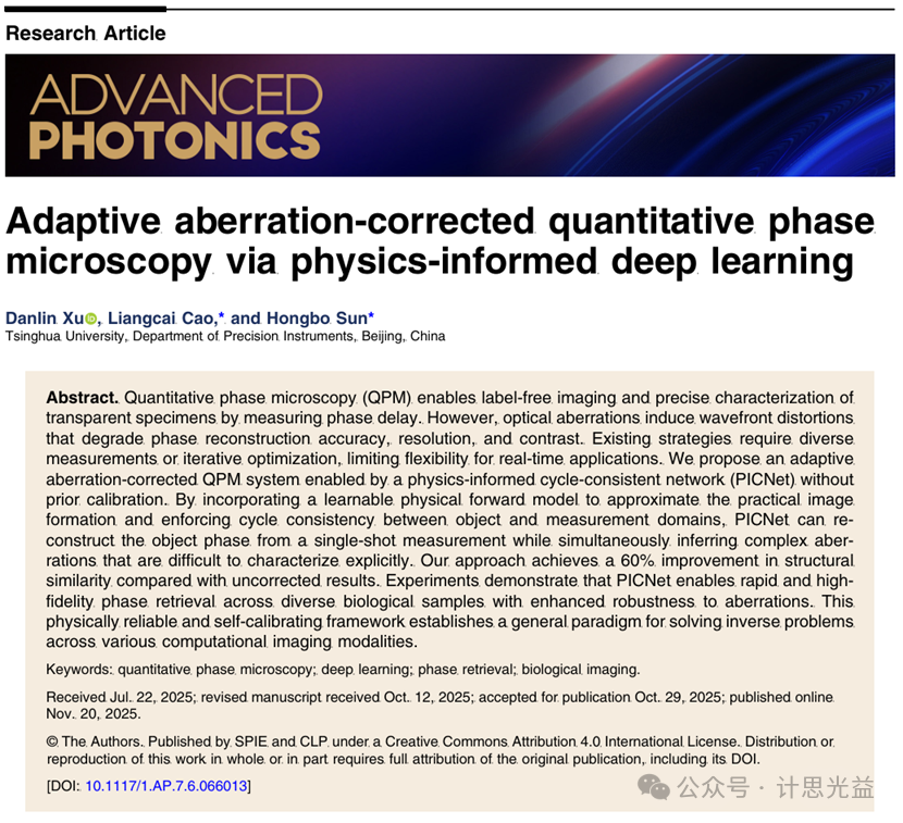 [文献速递No.571]基于物理先验信息的自适应相差校正定量相位成像